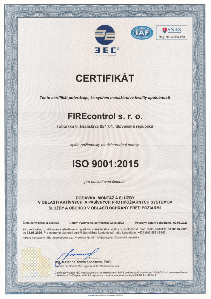 certifikát ISO 9001 FIRECONTROL